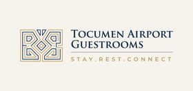 Tocumen Airport Guestrooms logo with gold geometric emblem and navy text on a light background, “Stay.Rest.Connect”