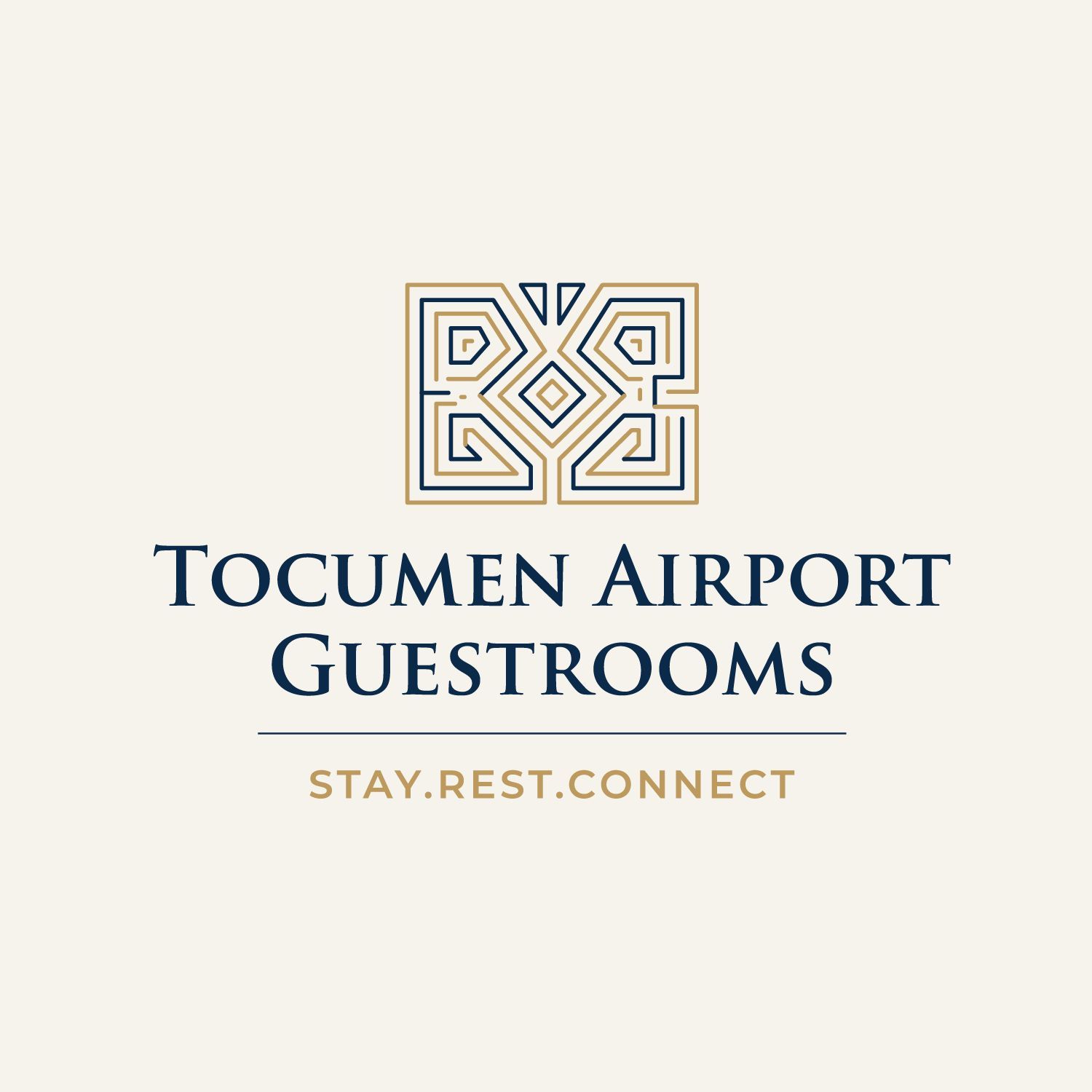 Tocumen Airport Guestrooms logo with gold geometric emblem and navy text on a light background, “Stay.Rest.Connect”