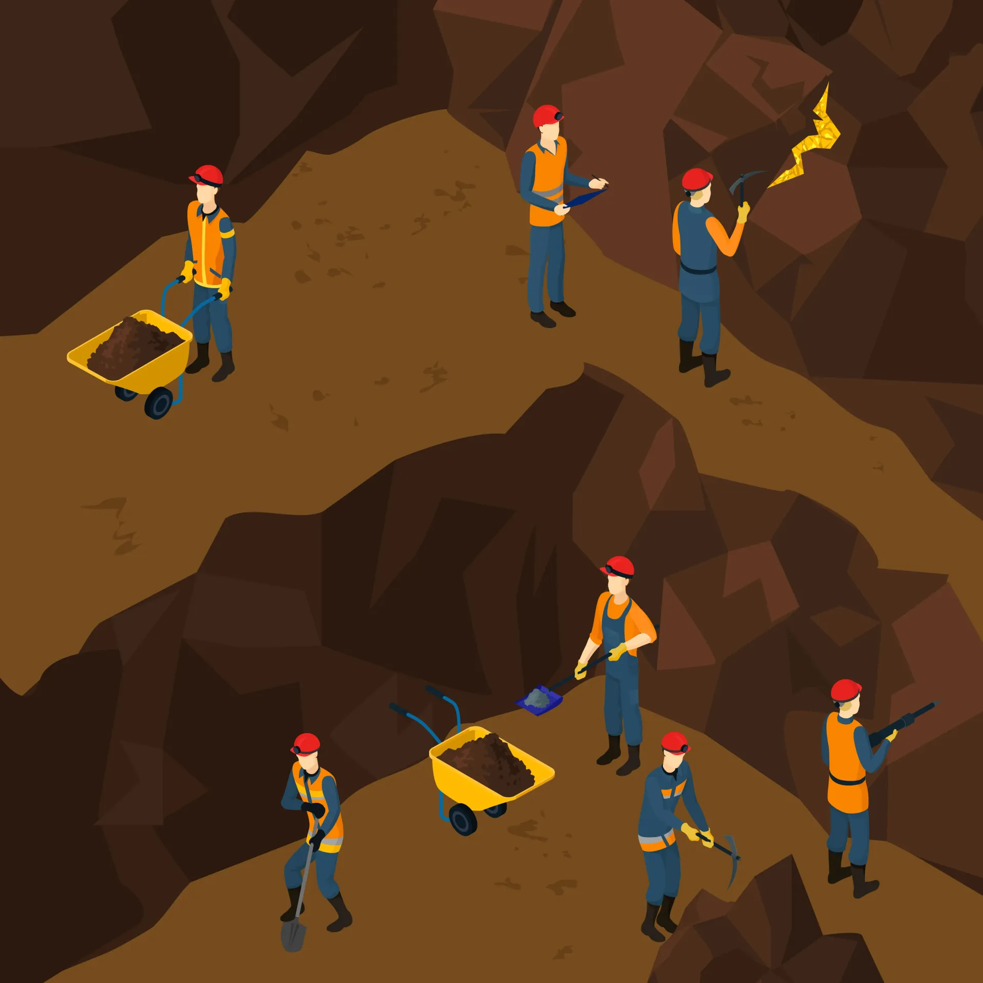 Quarry workers to process crusher run and other construction materials. Workers are transporting materials in a quarry.