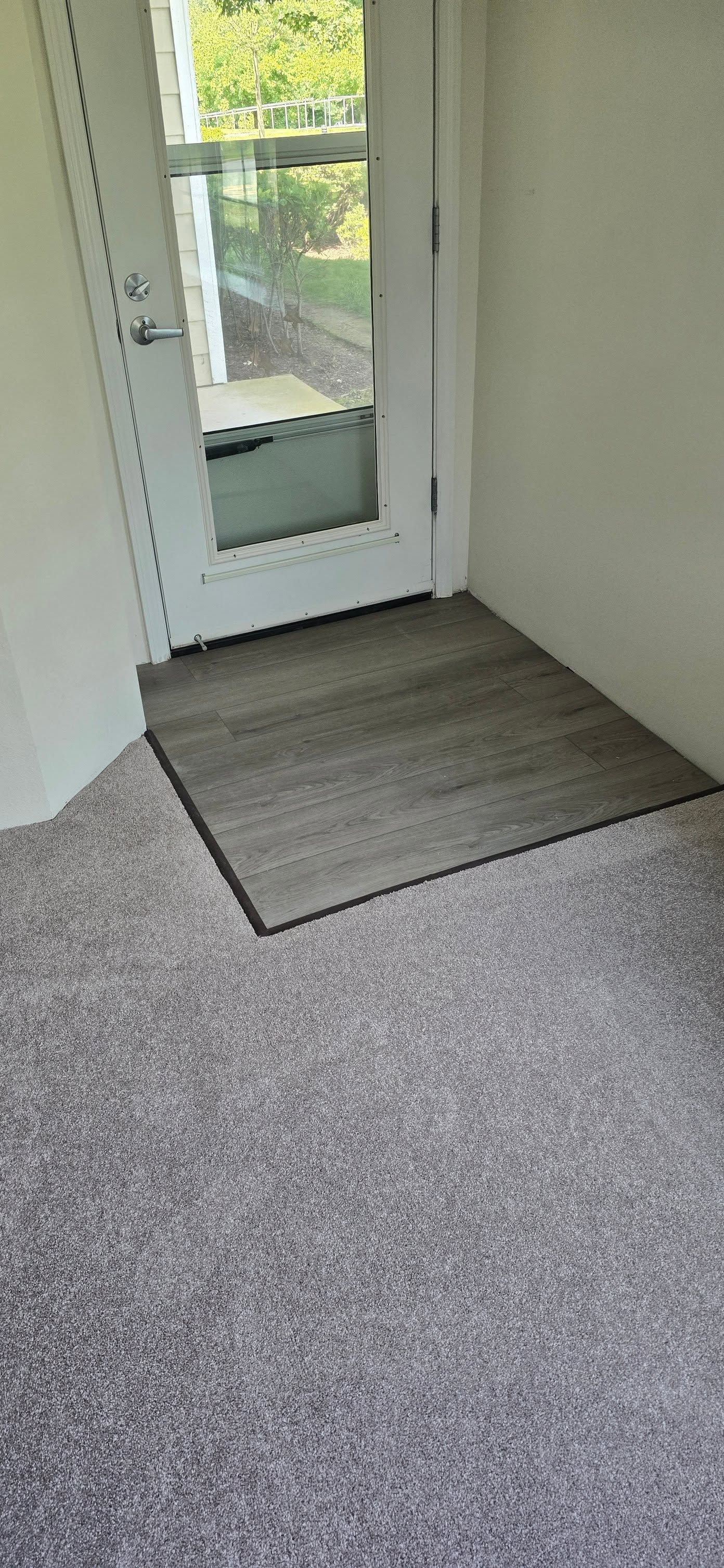 Small entryway with carpet, a gray rug, and a white door with a glass panel.