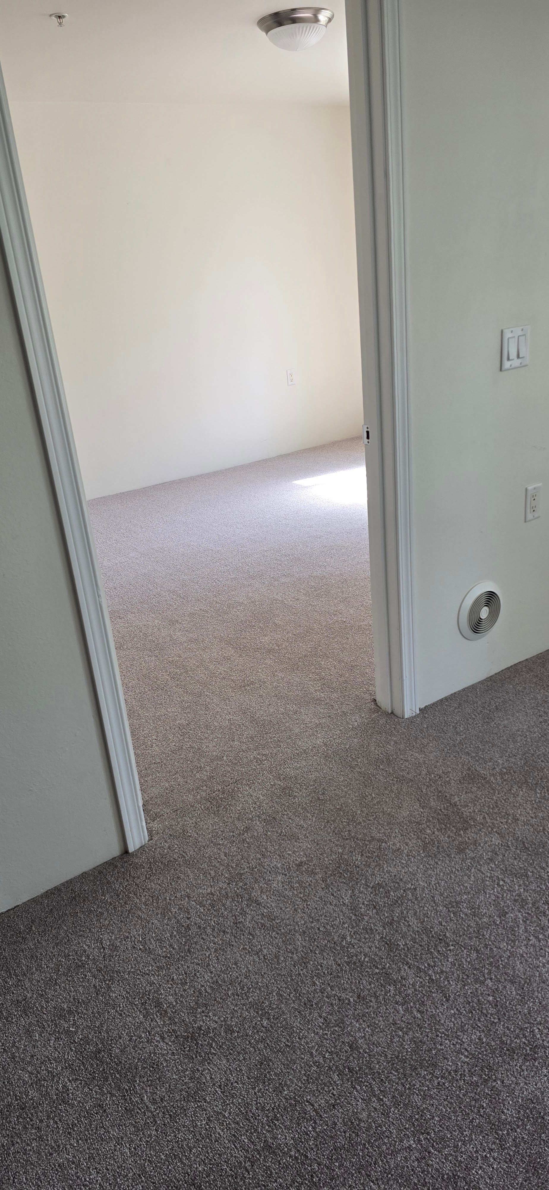 Carpeted empty room seen through a doorway, with light-colored walls and two doorframes visible.