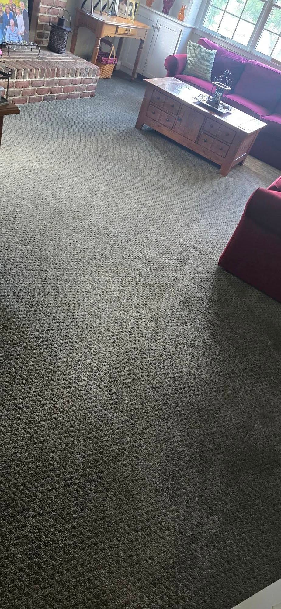 Carpeted living room with a glass coffee table and sunlight near windows.