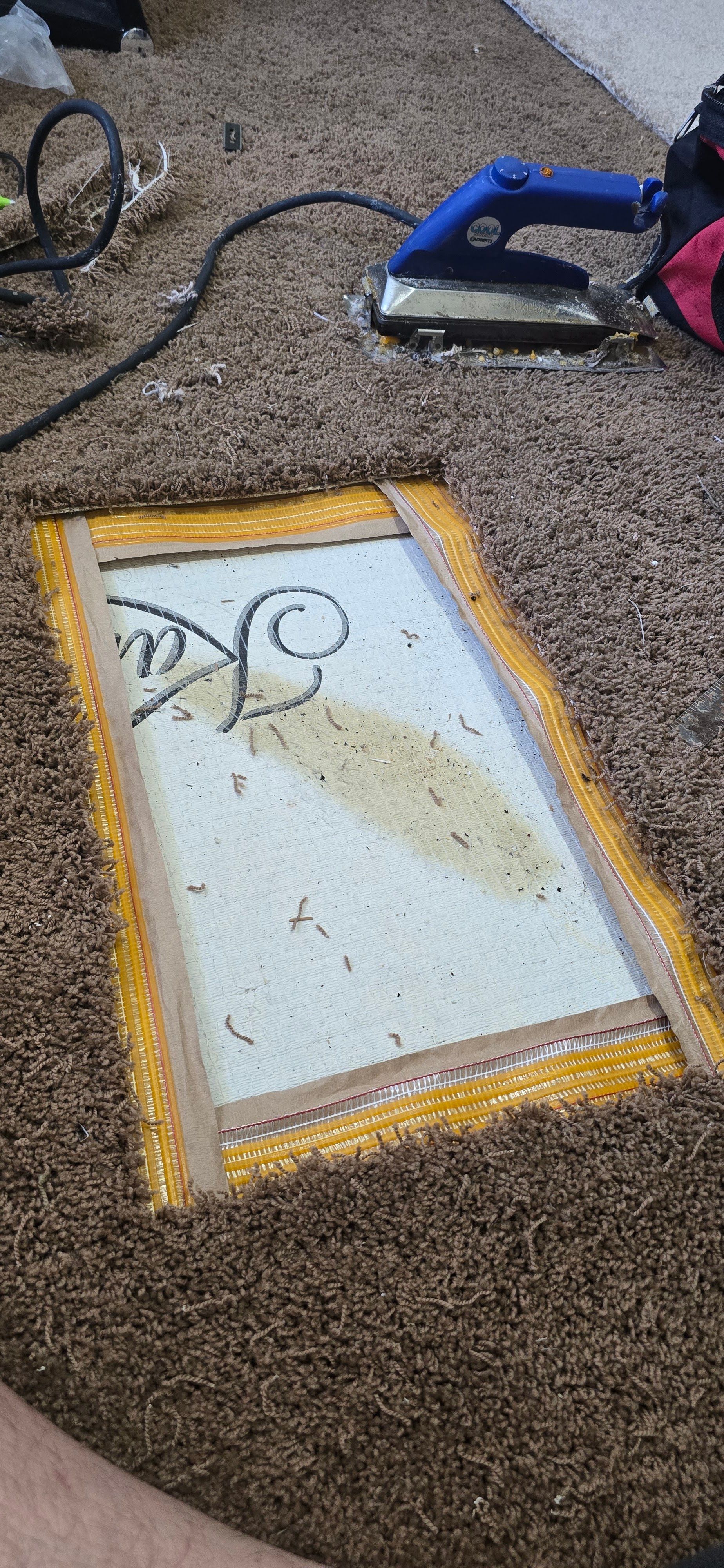 Damaged mirror on carpet with yellow frame and black corded tool nearby