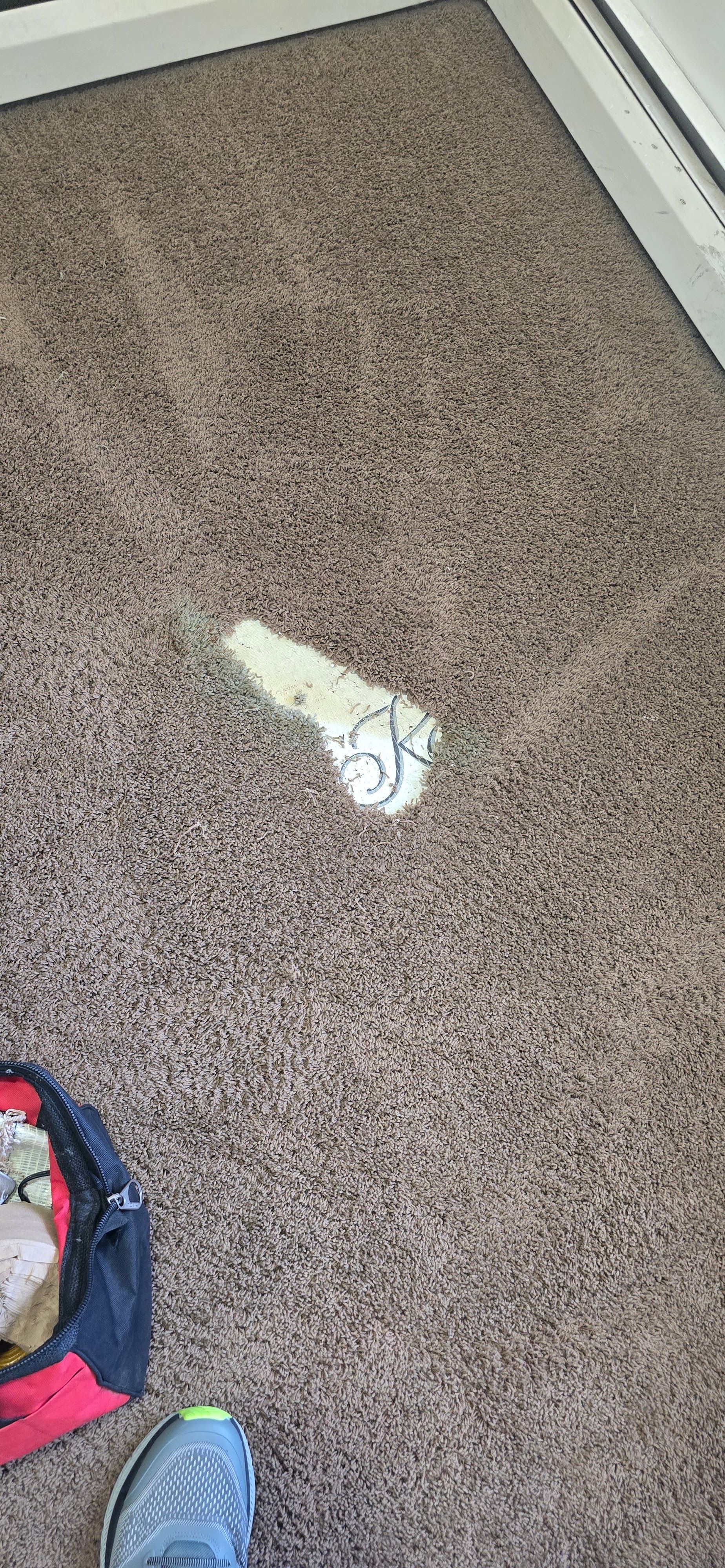 Small white sock on a brown carpet near a doorway, with a colorful toy at the bottom left.