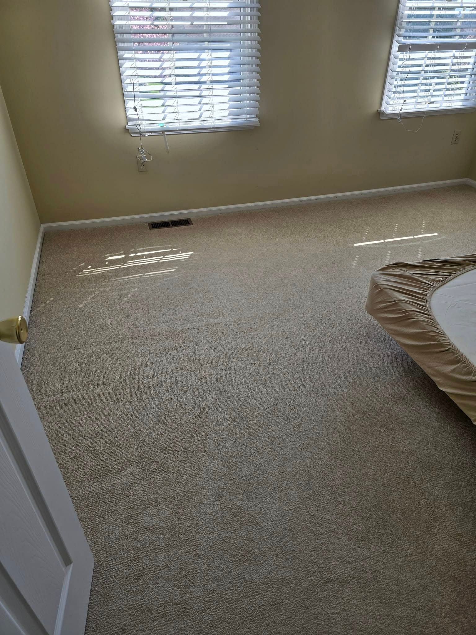 Empty carpeted bedroom with two windows and a mattress edge on the right