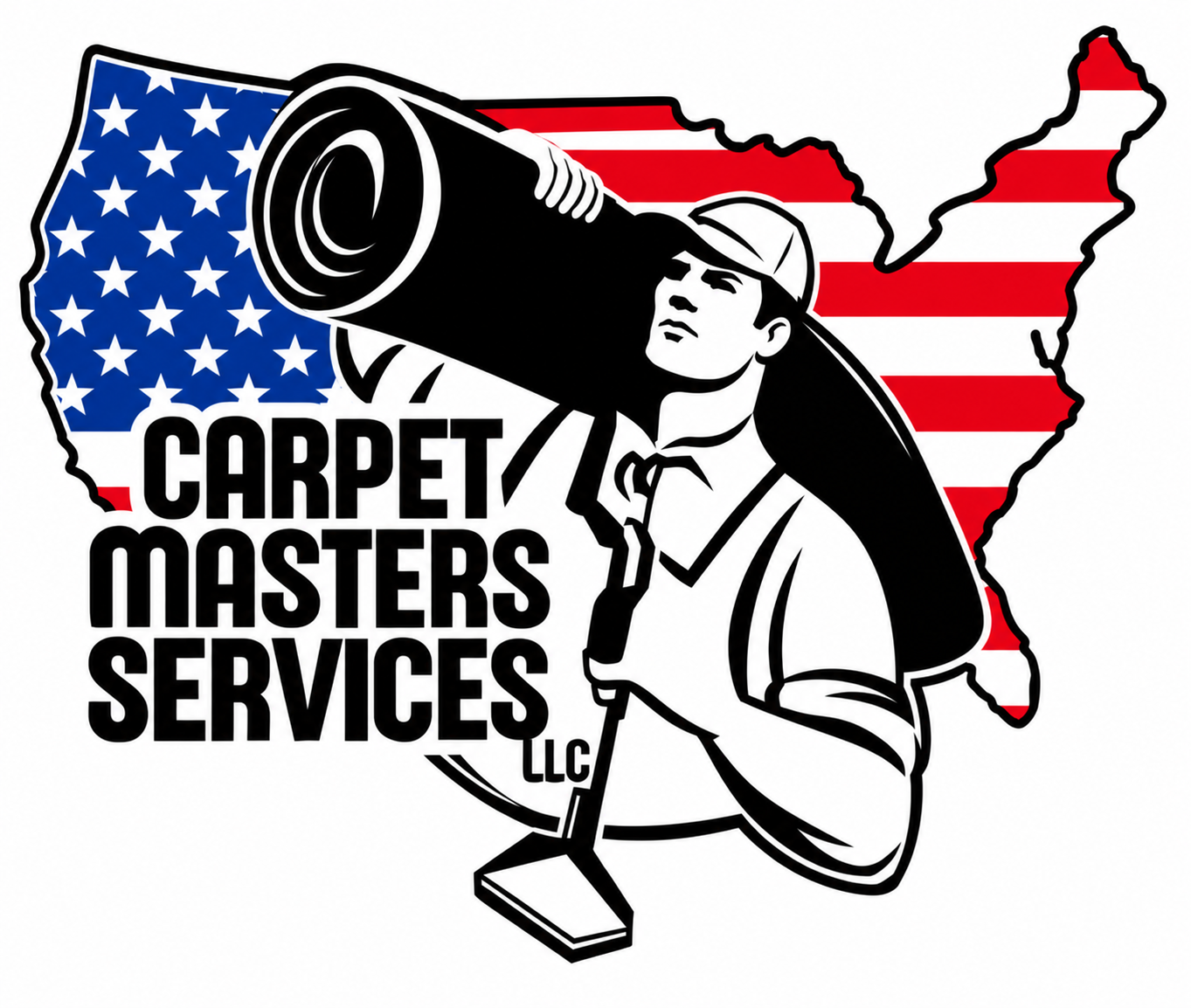 Carpet Masters Services LLC logo with a vacuum over an American flag map