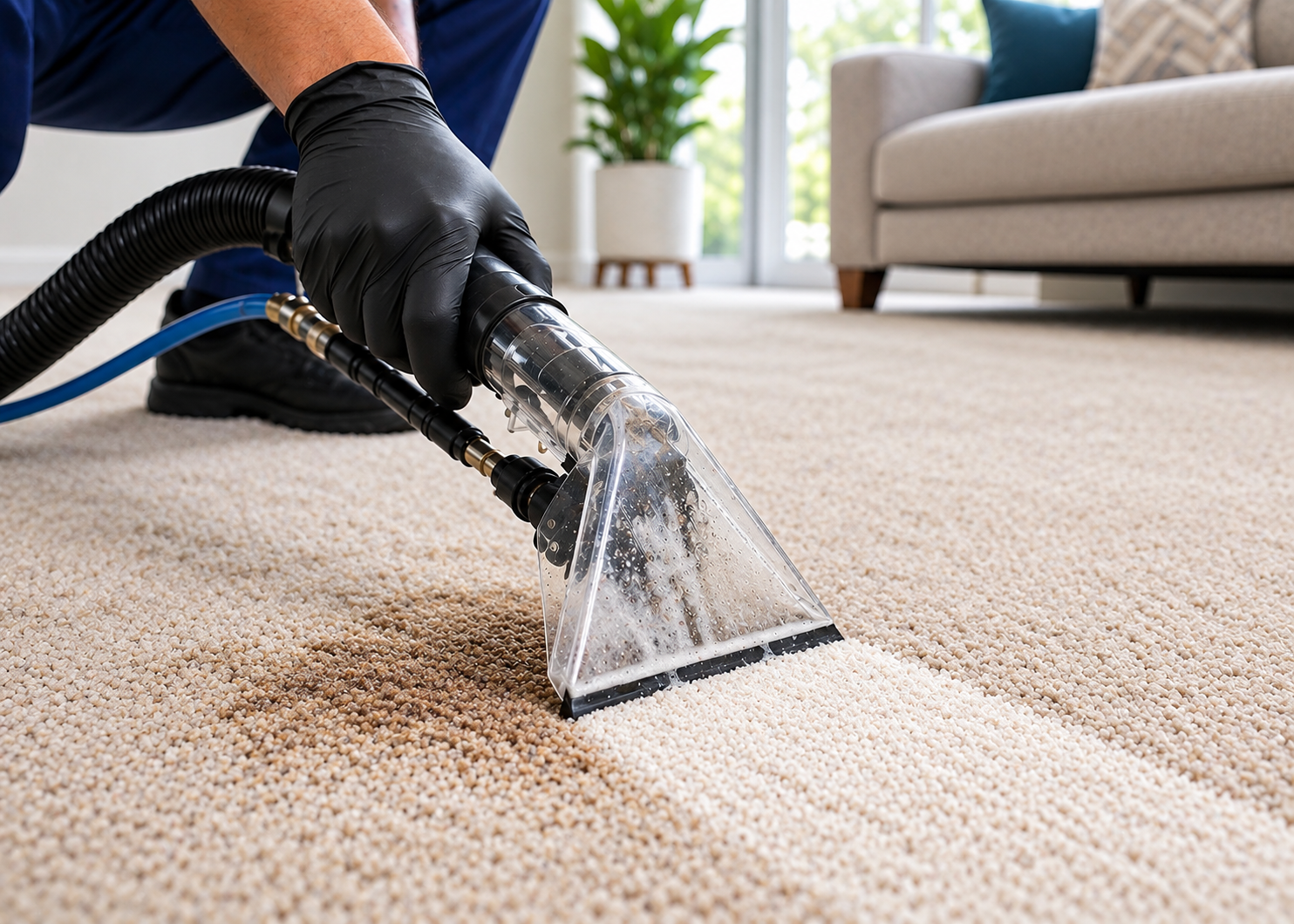 Person cleaning a beige carpet with a steam extractor in a living room
