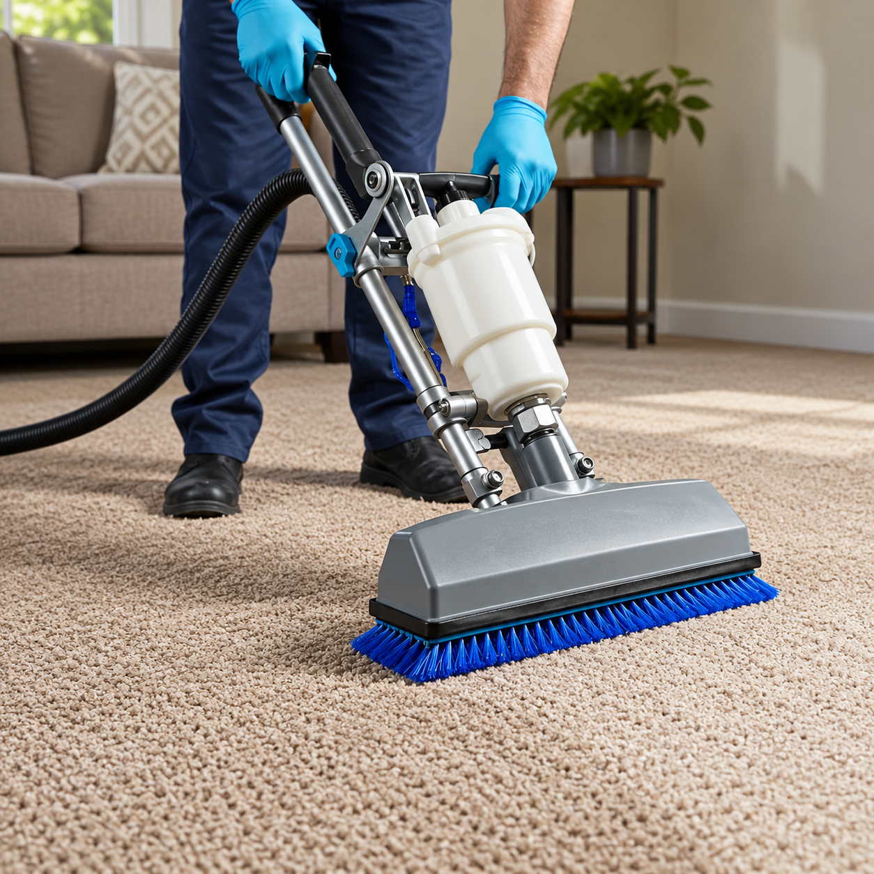 Person using a carpet cleaning machine on beige carpet in a living room