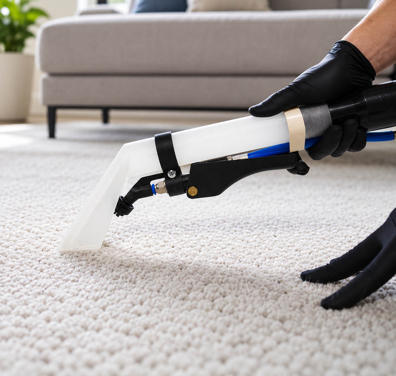 Carpet cleaning nozzle spraying white foam on a beige carpet in a living room