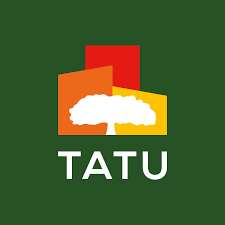 Logo for TATU: stylized tree within colorful building shape, over 