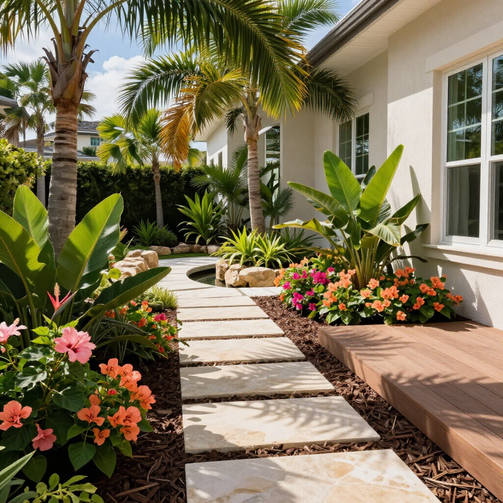 Tropical garden walkway beside a white house, lined with palms and pink-orange flowers.