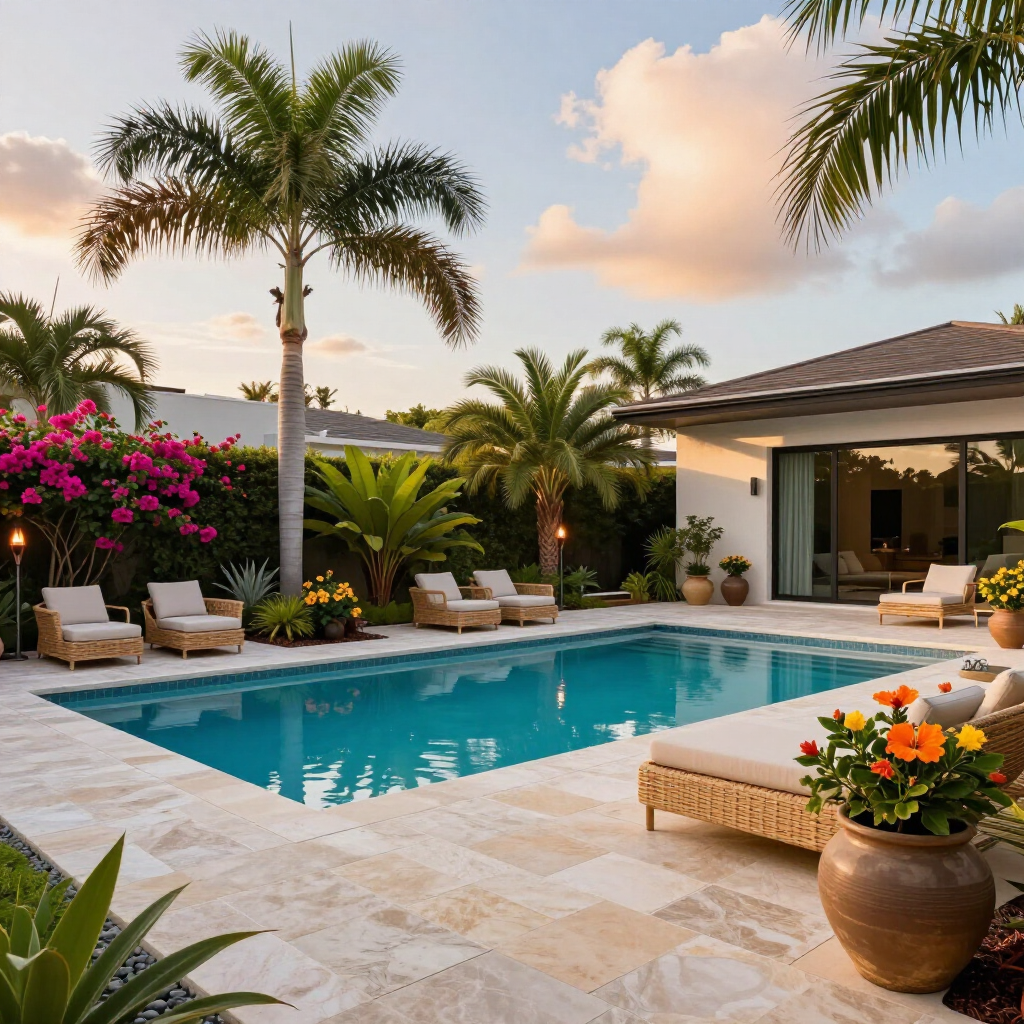 Luxury backyard pool patio with palm trees, lounge chairs, and tropical flowers at sunset