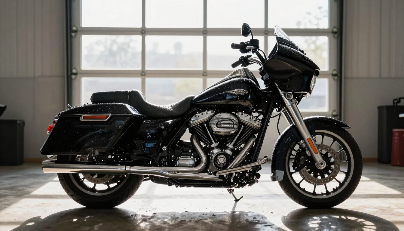 Profissional realizando lavagem técnica em uma Harley-Davidson na Floripa H-D.