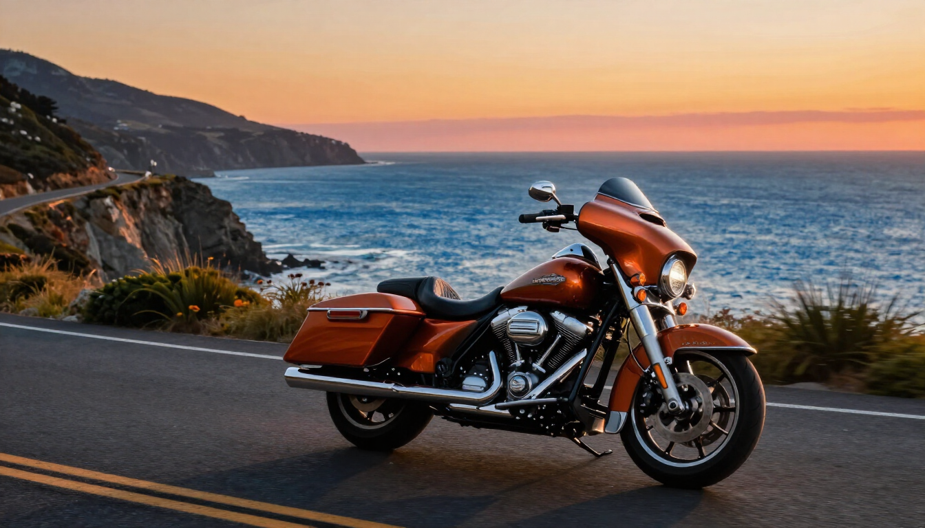 Motocicleta Harley-Davidson na estrada ao pôr do sol representando o conceito RIDE.