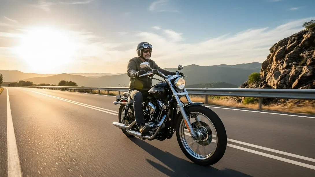 Motociclista trafegando em uma rodovia ao pôr do sol, com montanhas e um guarda-corpo ao fundo.
