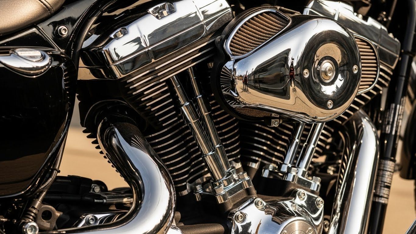 Detalhe do motor cromado de uma motocicleta com carenagem preta e detalhes metálicos reflexivos.