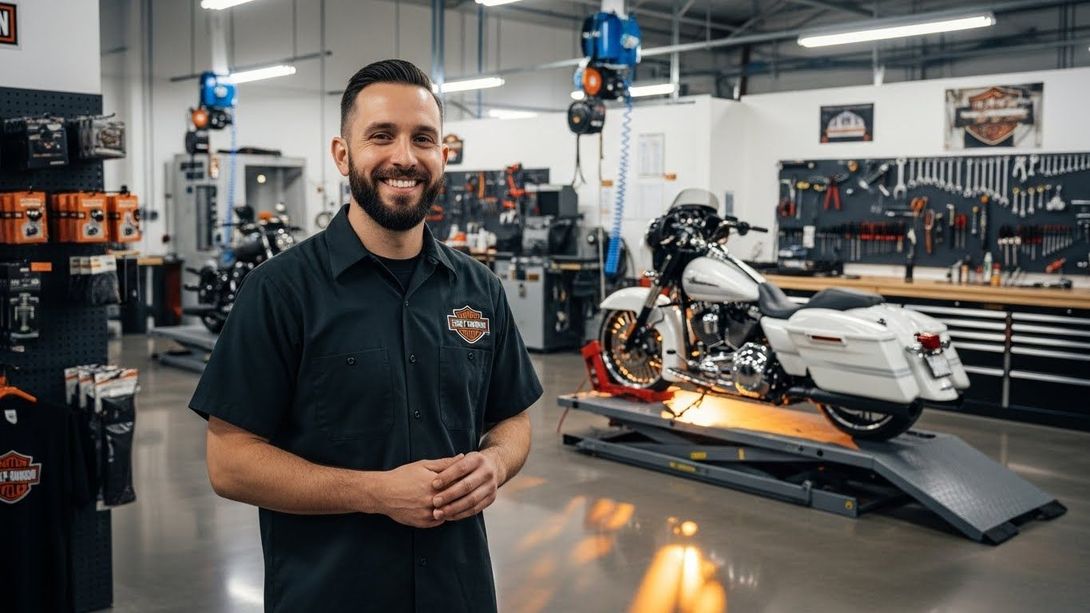 Mecânico sorrindo em uma oficina de motocicletas ao lado de uma moto branca personalizada em um elevador.