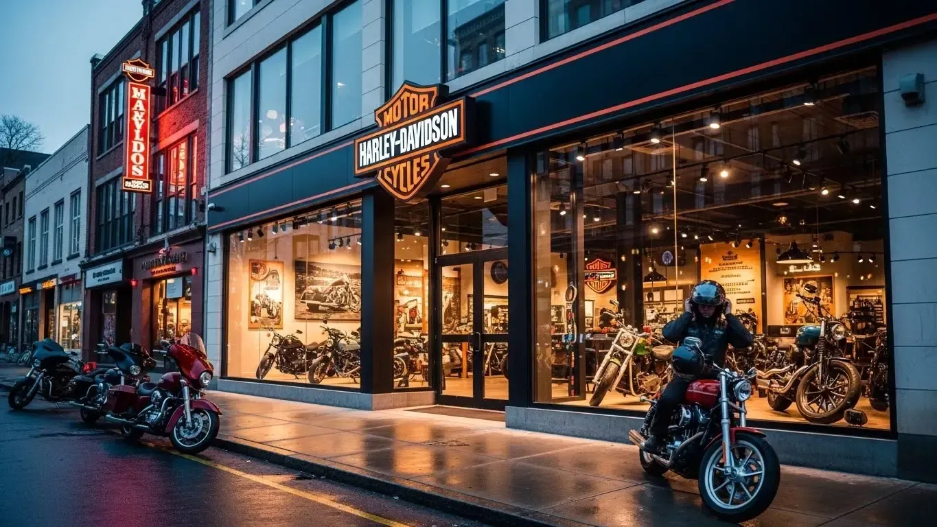 Motocicletas estacionadas em frente a uma loja Harley-Davidson com iluminação aconchegante, em uma rua chuvosa ao entardecer.