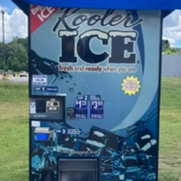 A vending machine that sells cooler ice