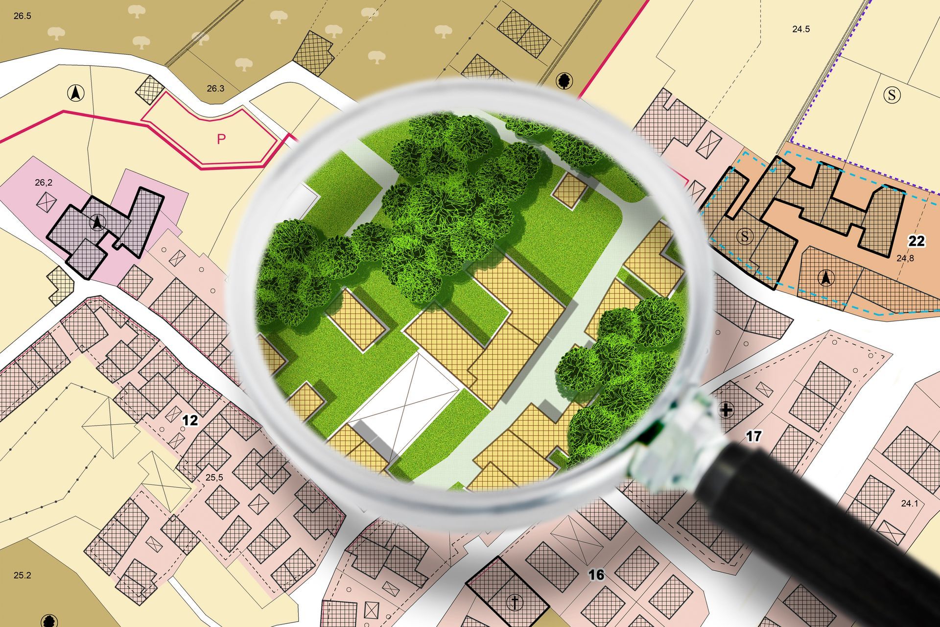 Una lente d'ingrandimento guarda la mappa di un parco