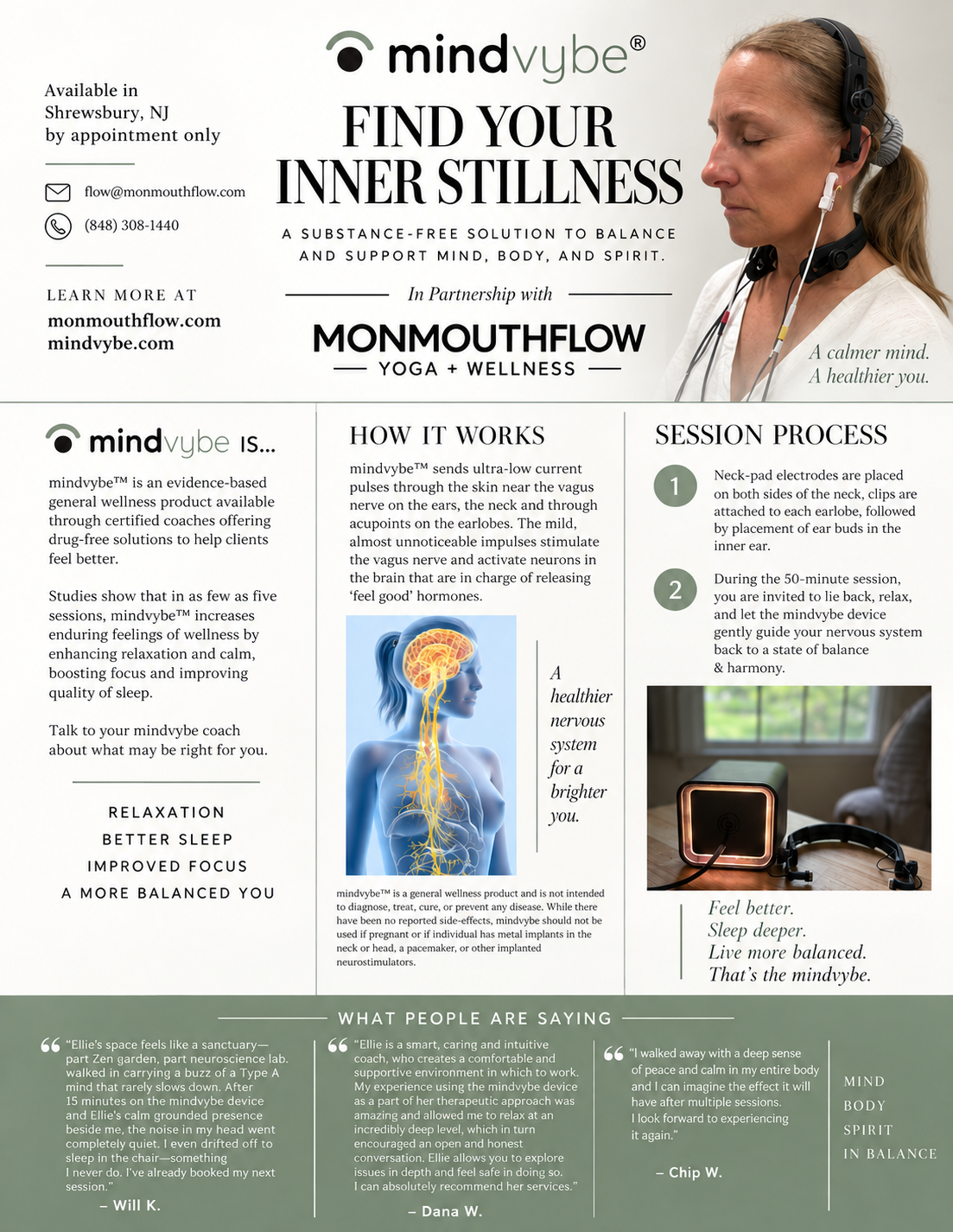 MindVybe Find Your Inner Stillness brochure, in partnership with MonmouthFlow Yoga + Wellness