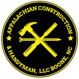Appalachian Construction & Handyman logo: black circle with yellow text and tools (hammer, chisel, nail) crossing in the center.