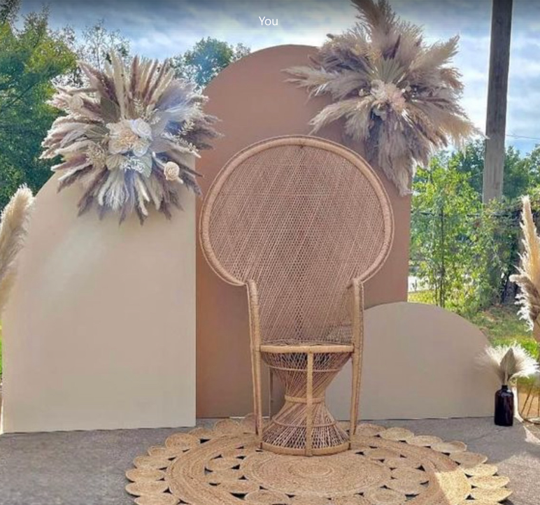 a wicker chair is sitting in front of a wall with feathers on it .