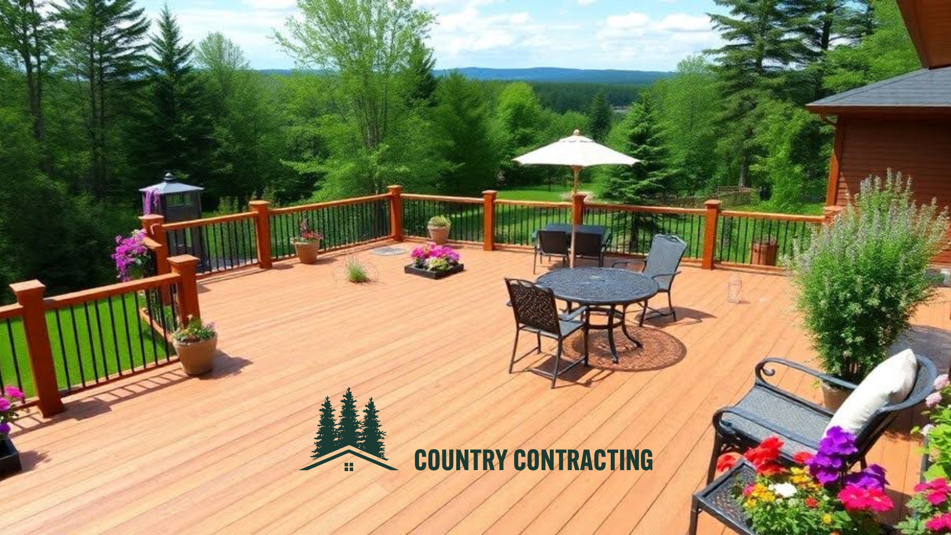 A large wooden deck with a table and chairs on it