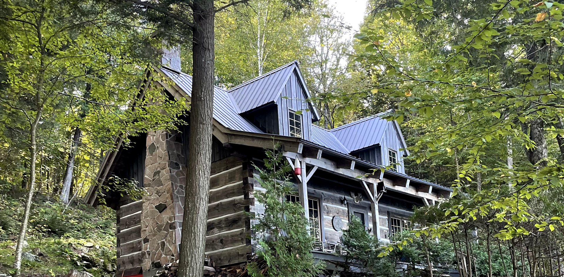 A log cabin is surrounded by trees in the middle of a forest.