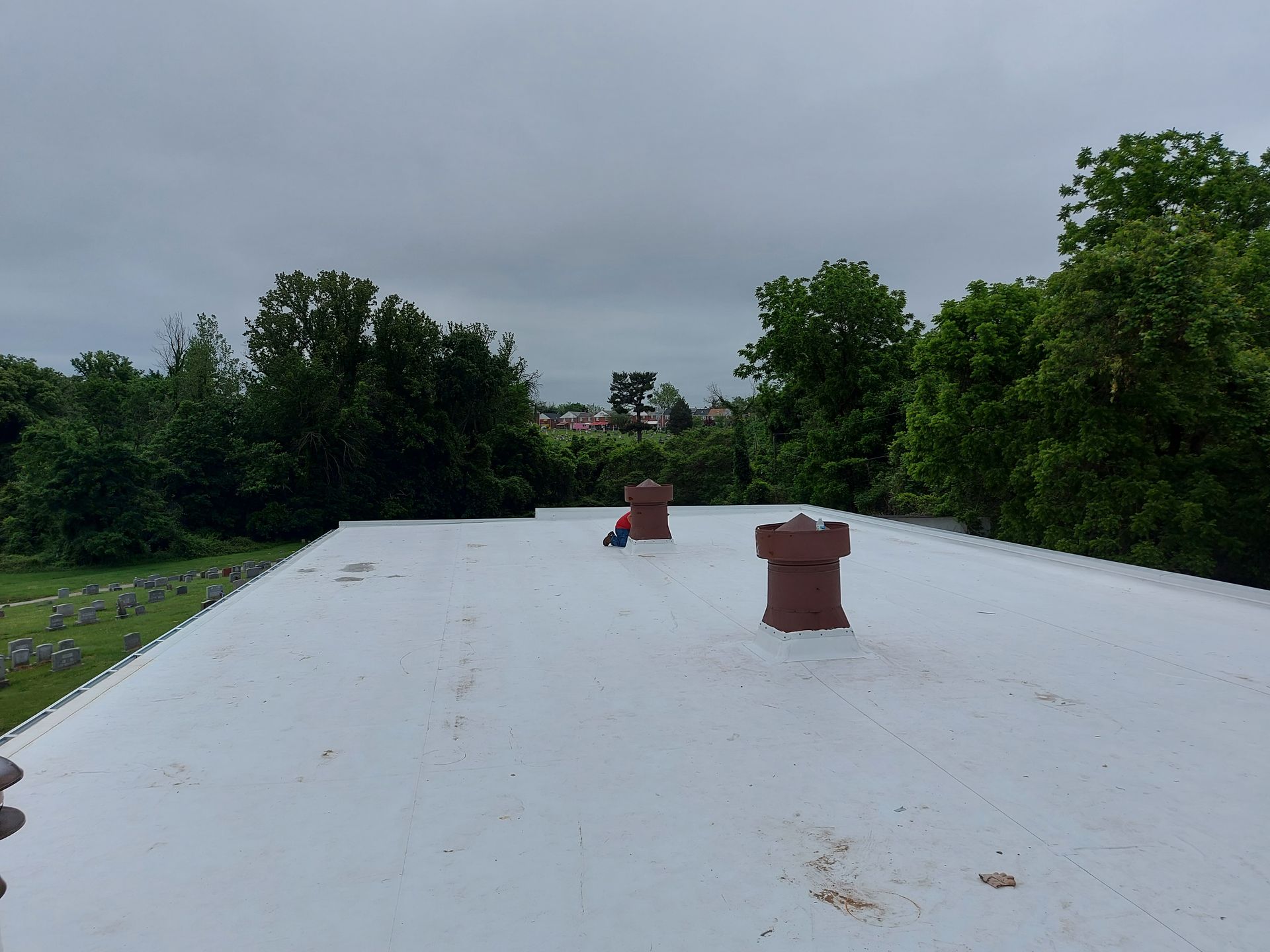 White rooftop with two brick chimney stacks and surrounding trees under cloudy sky.