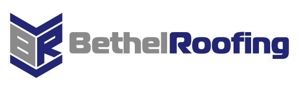 The logo for Bethel Roofing is a blue and gray logo with an arrow block.