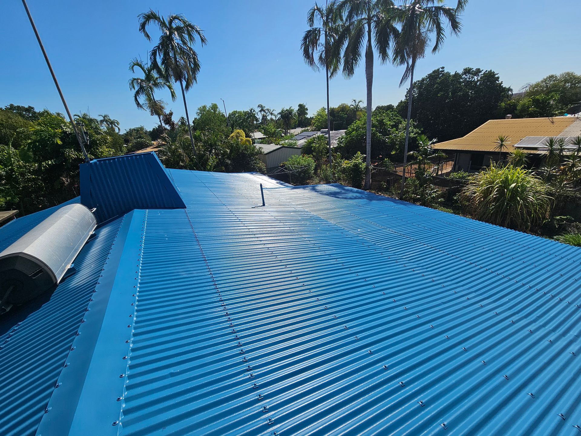 Blue corrugated metal roof on a house, with a bright sky and tropical trees in the background — Prestige Painting NT in Zuccoli, NT