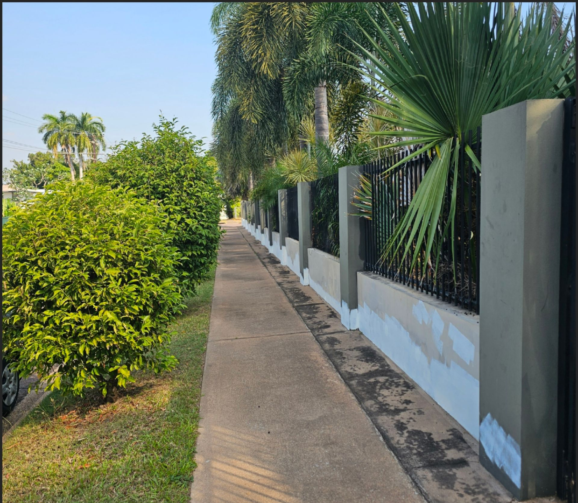 Sidewalk alongside a fence and bushes; greenery and trees line the path, a bright, sunny day — Prestige Painting NT in Zuccoli, NT