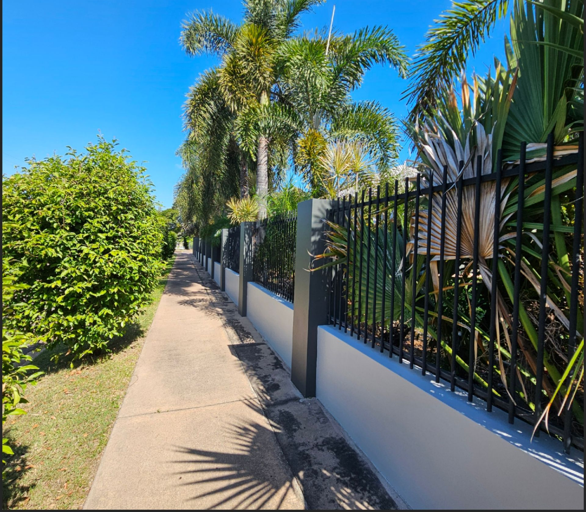 Sidewalk along a fence, bordering greenery. Palm trees line the top. Bright blue sky — Prestige Painting NT in Zuccoli, NT