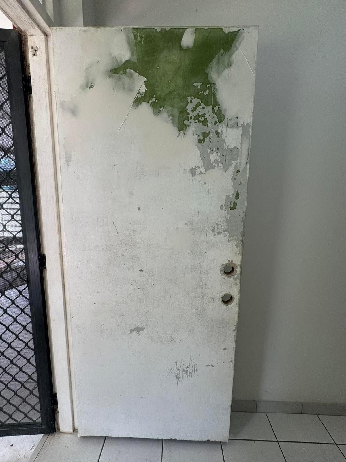White door with peeling paint and green mold, standing next to a black metal security door — Prestige Painting NT in Zuccoli, NT