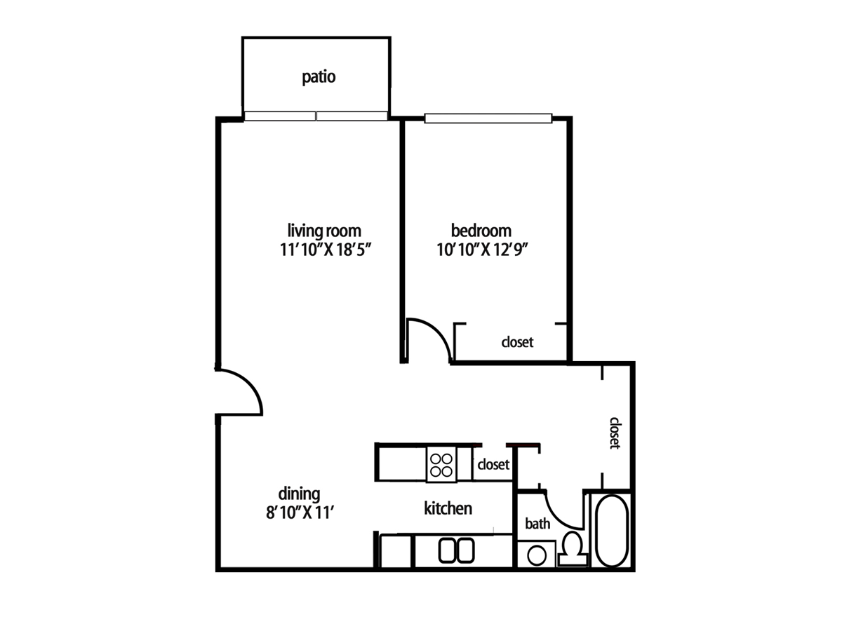Floor plan of a one-bedroom apartment with a living room, dining area, kitchen, bedroom, patio, and bathroom.