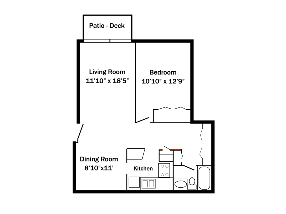 Floor plan of a small apartment with a patio, living room, bedroom, dining room, and kitchen.