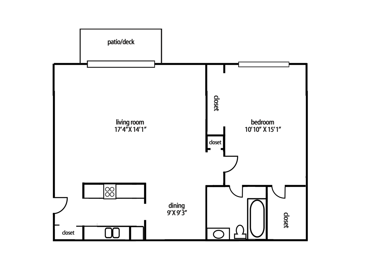 Floor plan of a one-bedroom apartment with living room, kitchen, bedroom, bathroom, closet, and balcony.