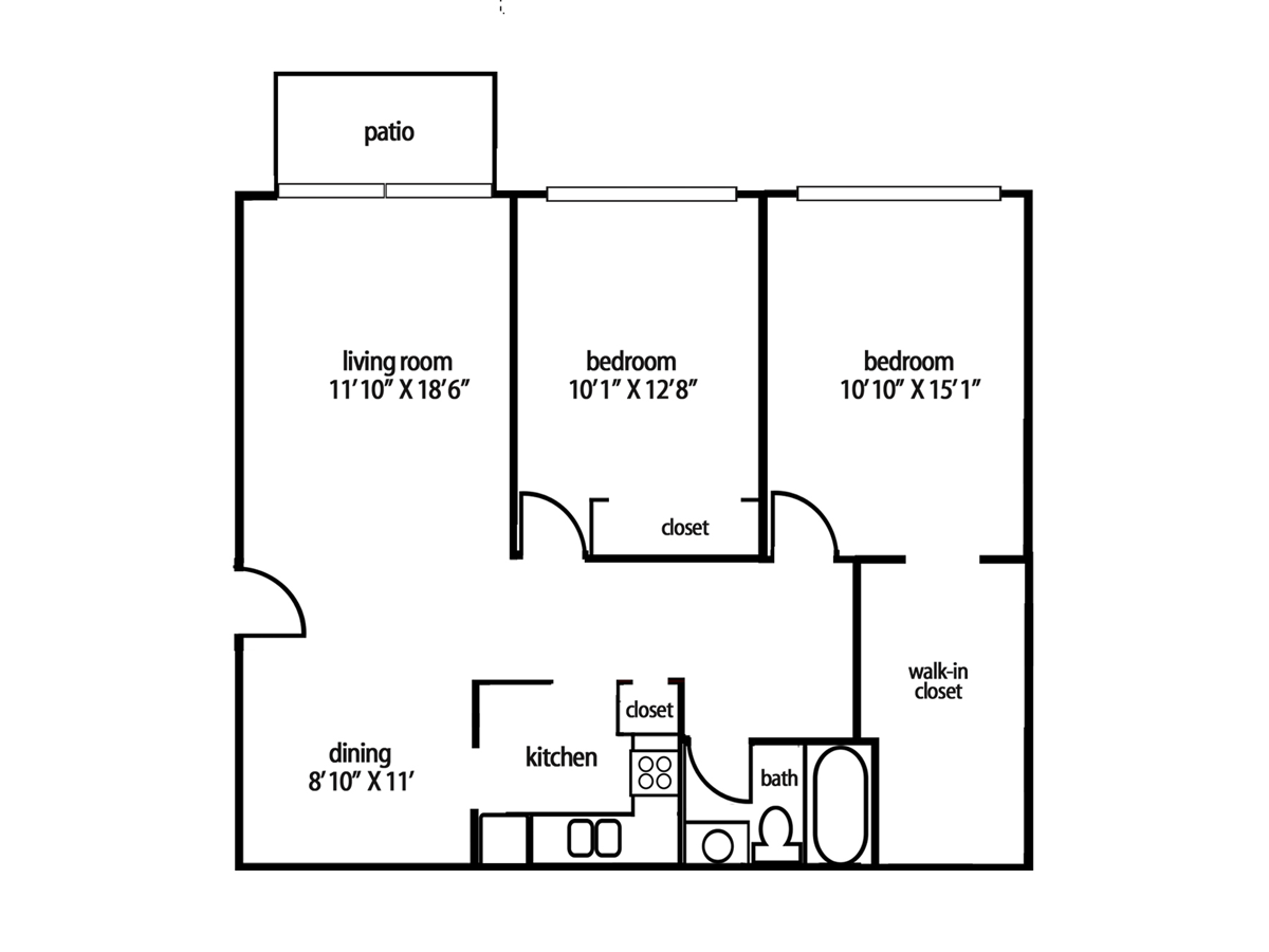 Floor plan of a two-bedroom apartment with living room, dining area, kitchen, and patio.