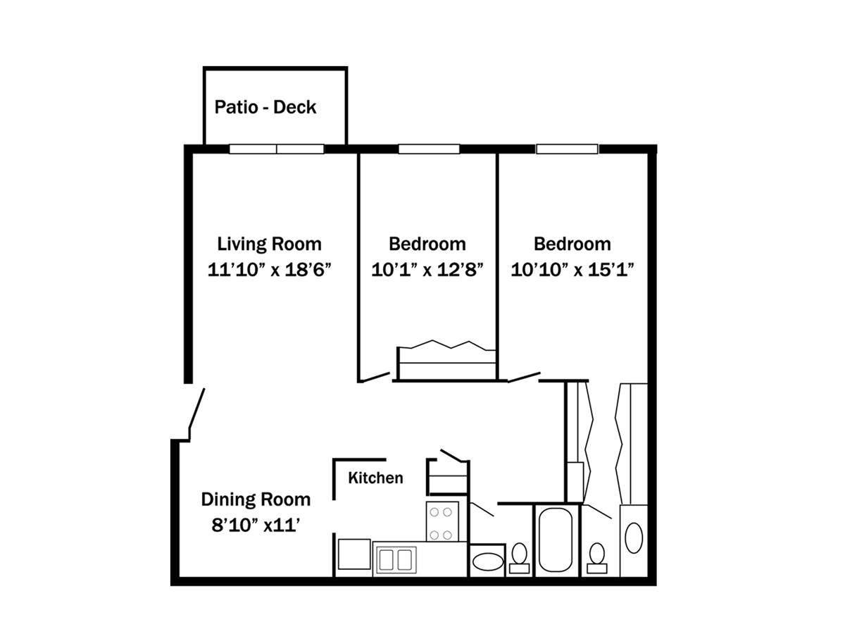Floor plan of a two-bedroom apartment with a living room, dining room, kitchen, and patio-deck.