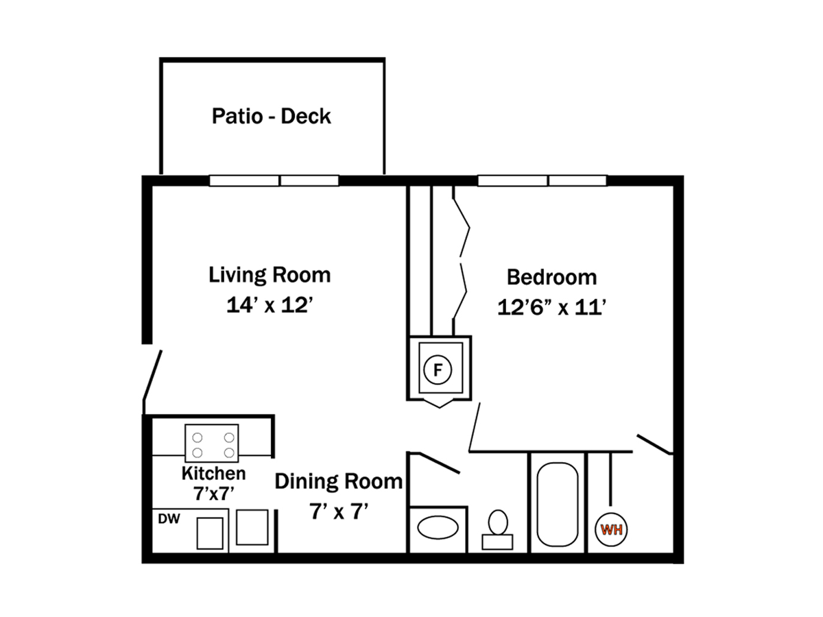 Floor plan of an apartment with a living room, kitchen, dining room, bedroom, and patio deck.