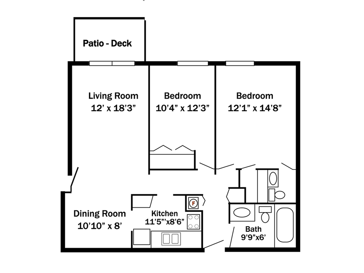 Floor plan of a two-bedroom apartment with a living room, dining room, kitchen, and patio.