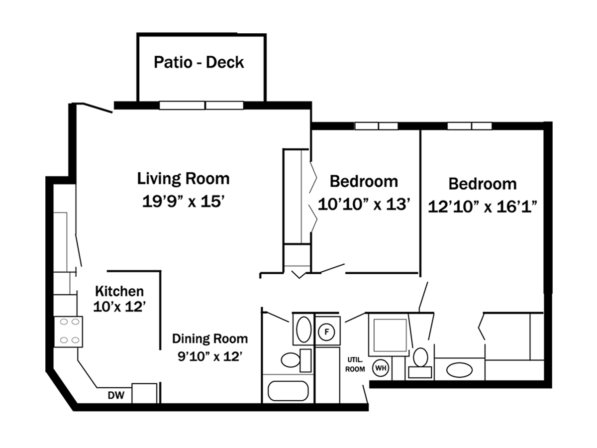 Floor plan of a two-bedroom apartment with living room, kitchen, dining area, and patio.