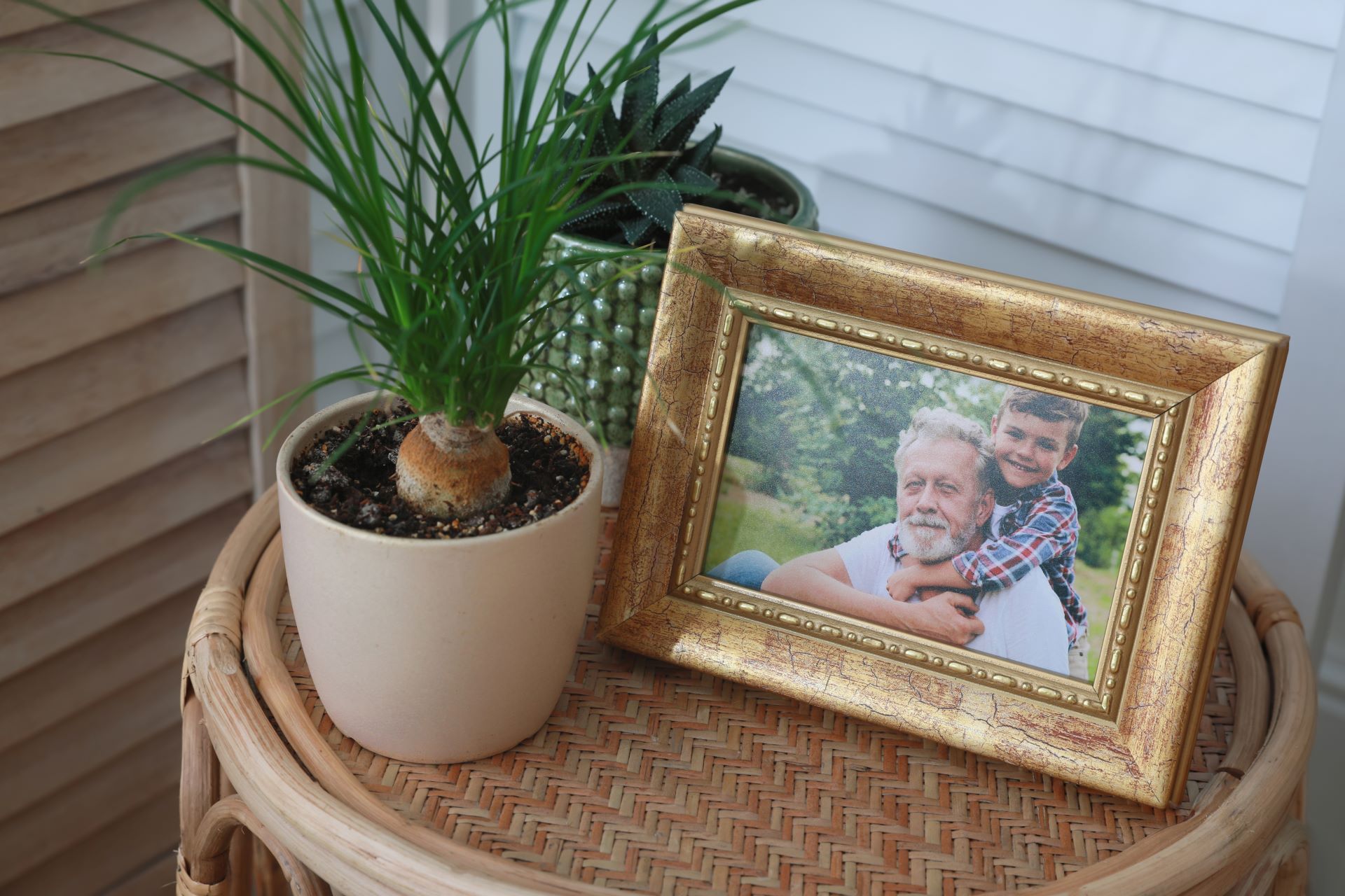A framed photo of a person carrying a child on their back, sitting on a rattan table next to two potted plants.