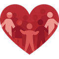 Cuore rosso stilizzato contenente sagome di persone di varie tonalità di rosso, in piedi insieme.