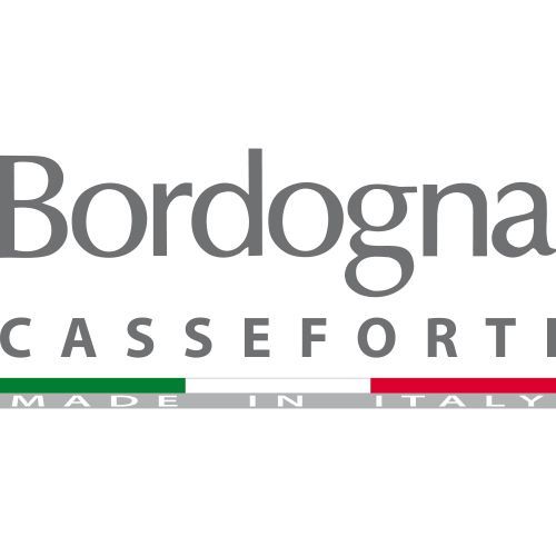 Logo Bordogna Caseforte con testo grigio e striscia tricolore italiana con la scritta 