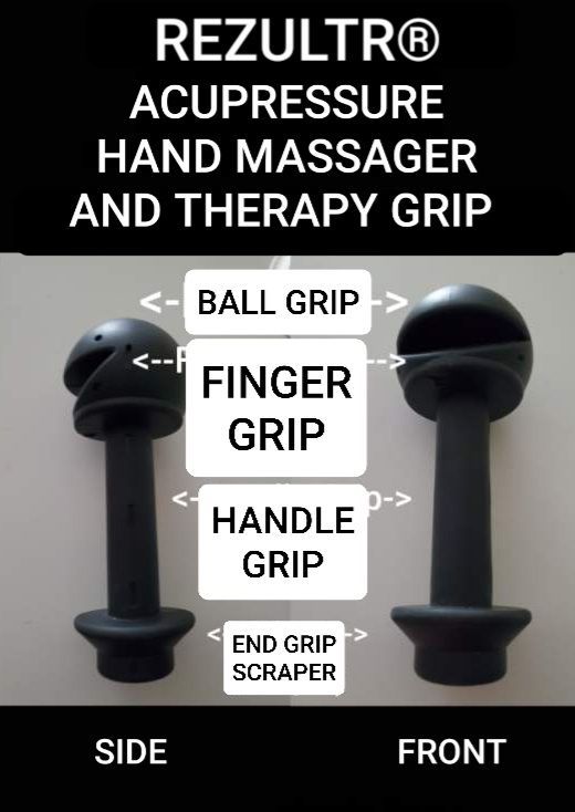 REZULTR Acupressure Hand Massager and Therapy Grip - Black part with stem and a rounded head with a slot, and a flared base.
