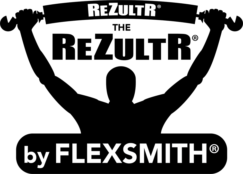 Silhouette of a person holding a barbell overhead, with "The Rezultr by FLEXSMITH" branding.