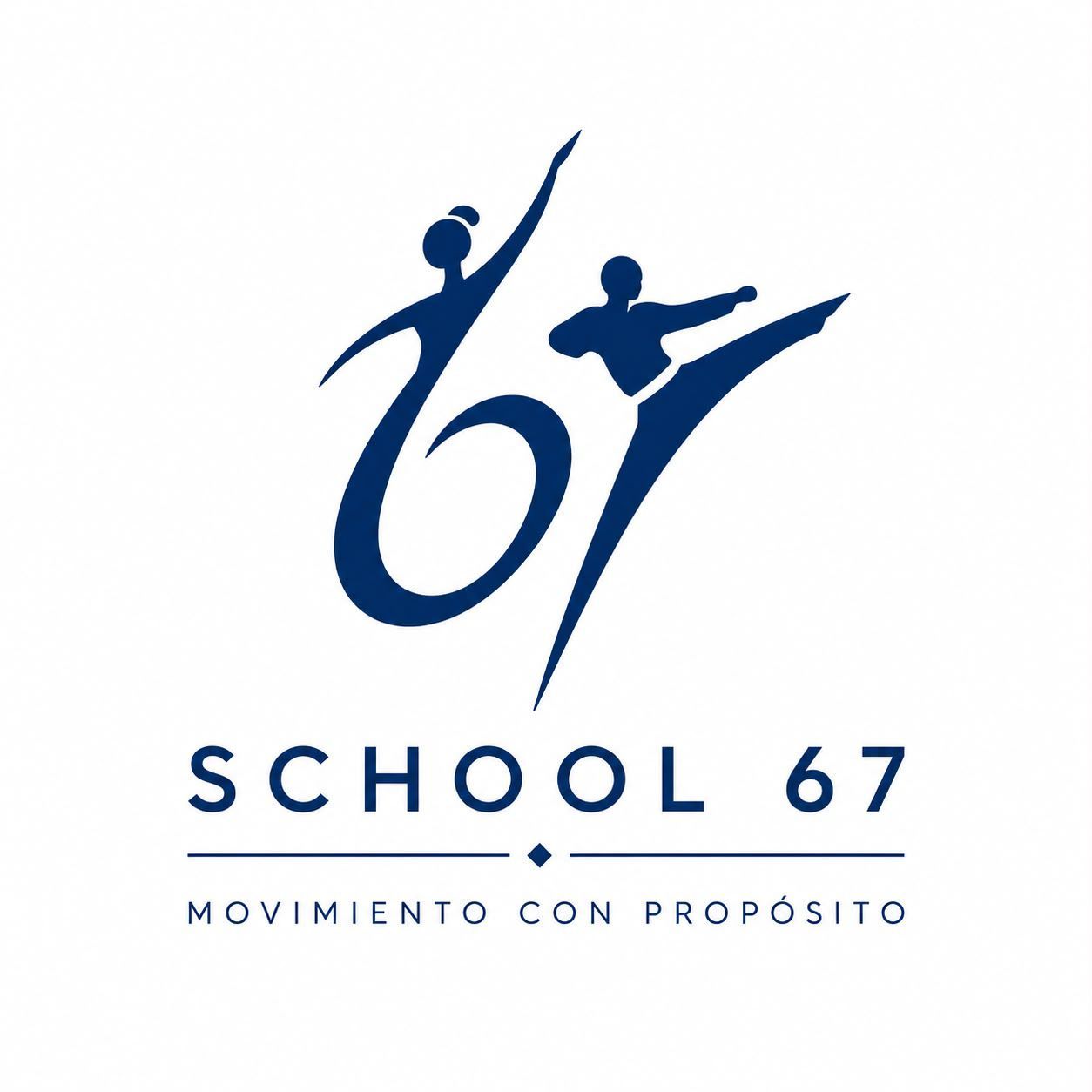 Logotipo de Blue School 67 con figuras estilizadas y el lema “Movimiento con propósito”.