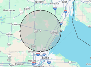 A map of toledo with a circle around it